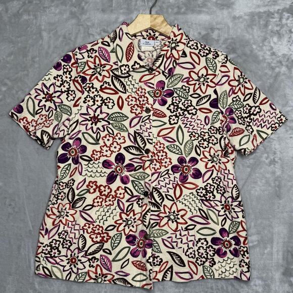 Hot Cotton Shirt Womens Large Cream Multicolor Floral Button Front Short Sleeve - Picture 1 of 11